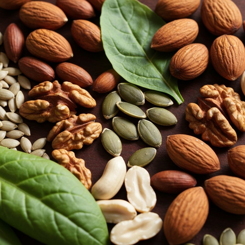 Mineral-rich foods including nuts, seeds, and leafy greens